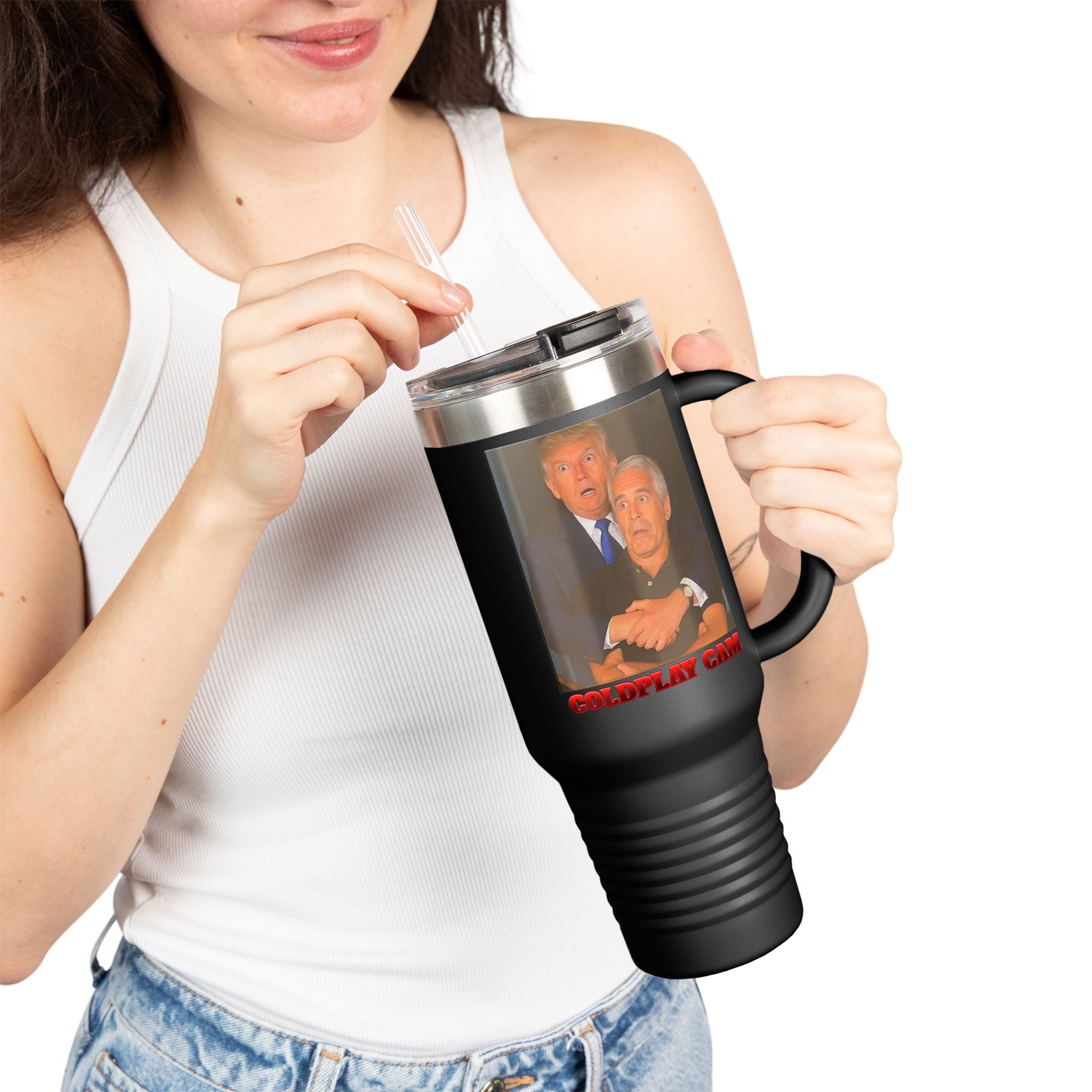 Trump Epstein Coldplay Cam Insulated  40 oz. Travel Mug, Perfect for Activists, Protests, Commuters, Gifts, and Daily Use