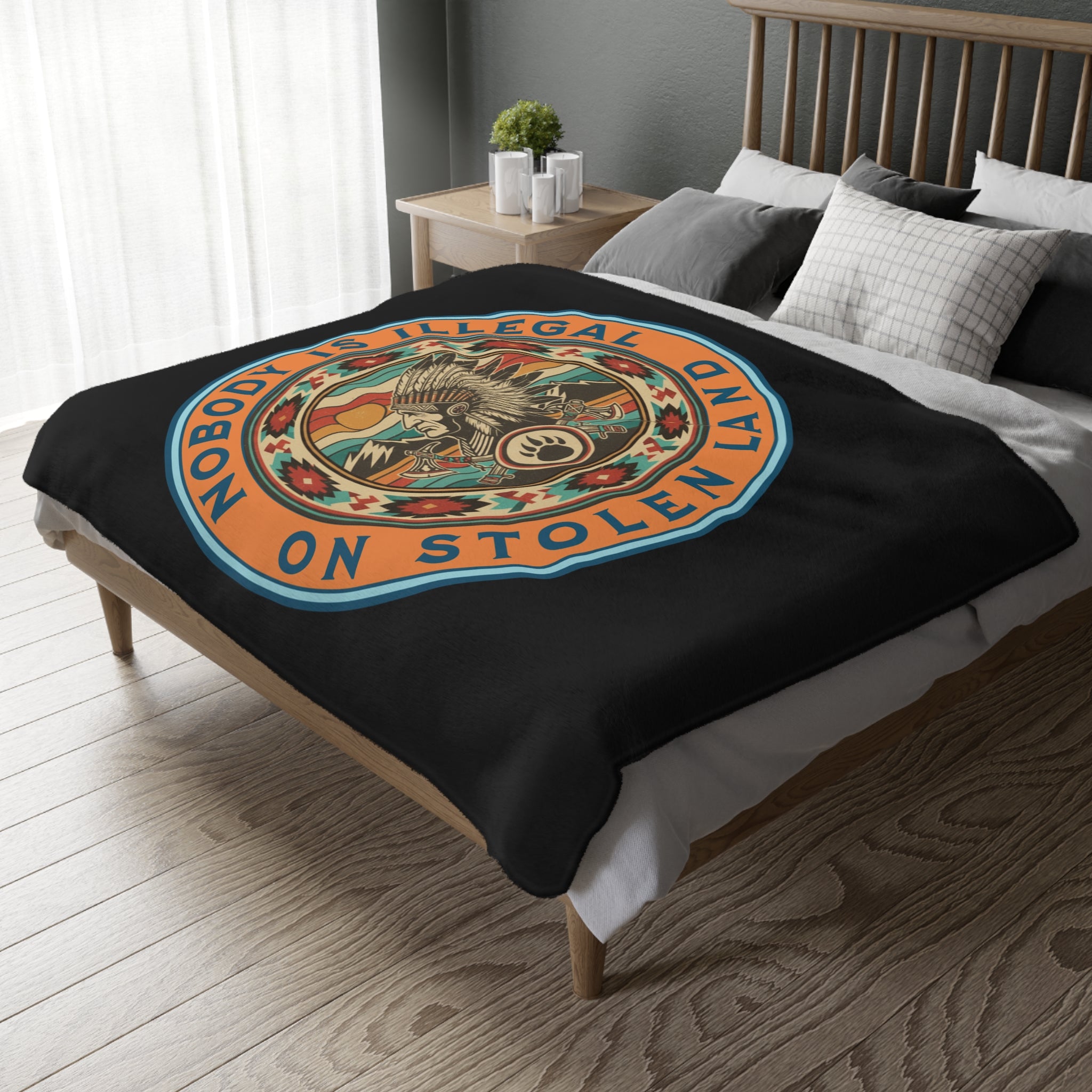 Nobody is Illegal on Stolen Land Protest-Themed 60" x 80" Velveteen Microfiber Blanket, Cozy, Soft Warmth for Activists, Great for Rallies, Home Decor, Gifting