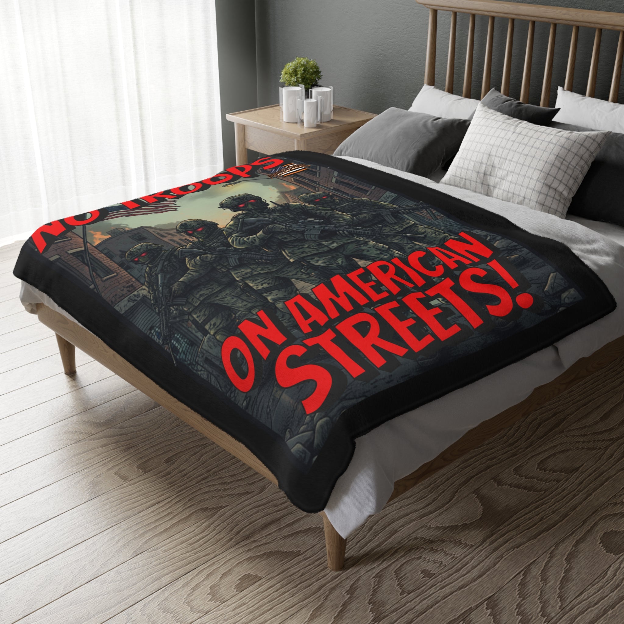 No Troops on American Streets Protest-Themed 60" x 80" Velveteen Microfiber Blanket, Cozy, Soft Warmth for Activists, Great for Rallies, Home Decor, Gifting