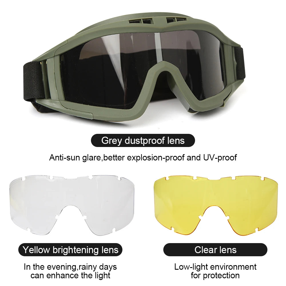 Tactical Goggles 3 Lens Windproof, Dustproof Glasses, CS Safe Protection