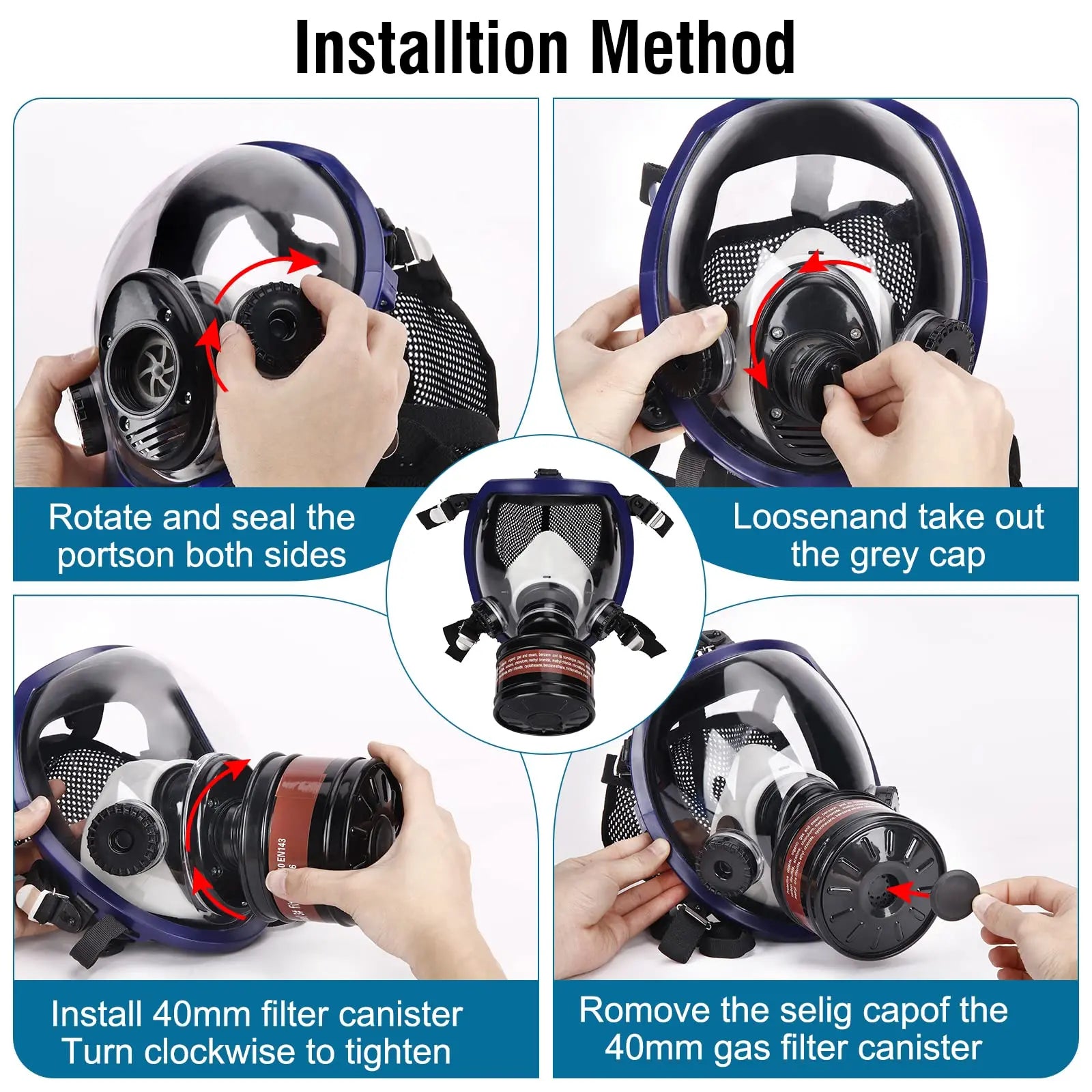Full face Gas Mask w/ 40 mm activated carbon filter canister
